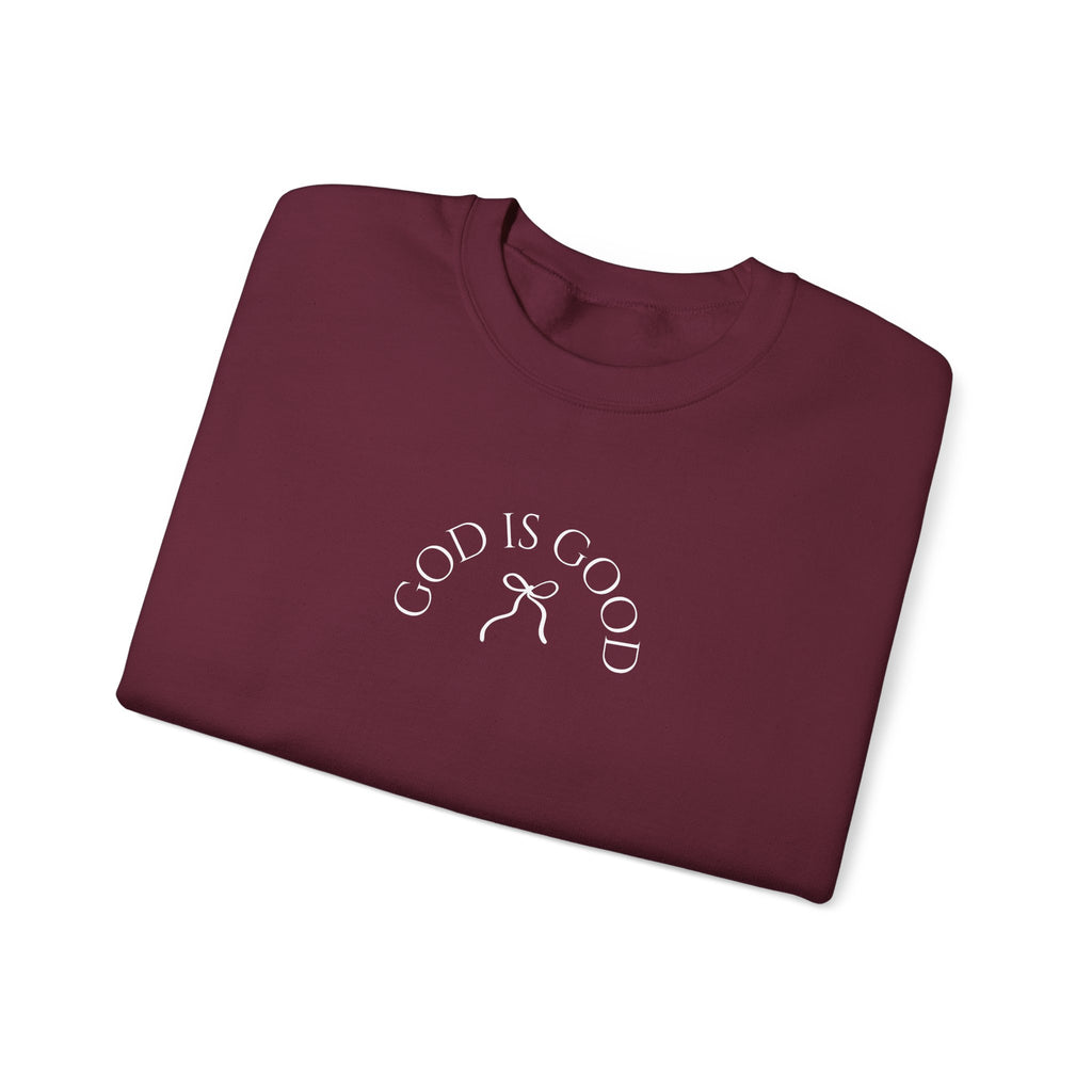 Crewneck Sweatshirt - "God Is Good" Minimal Arch Graphic | Cozy Faith-Based Pullover