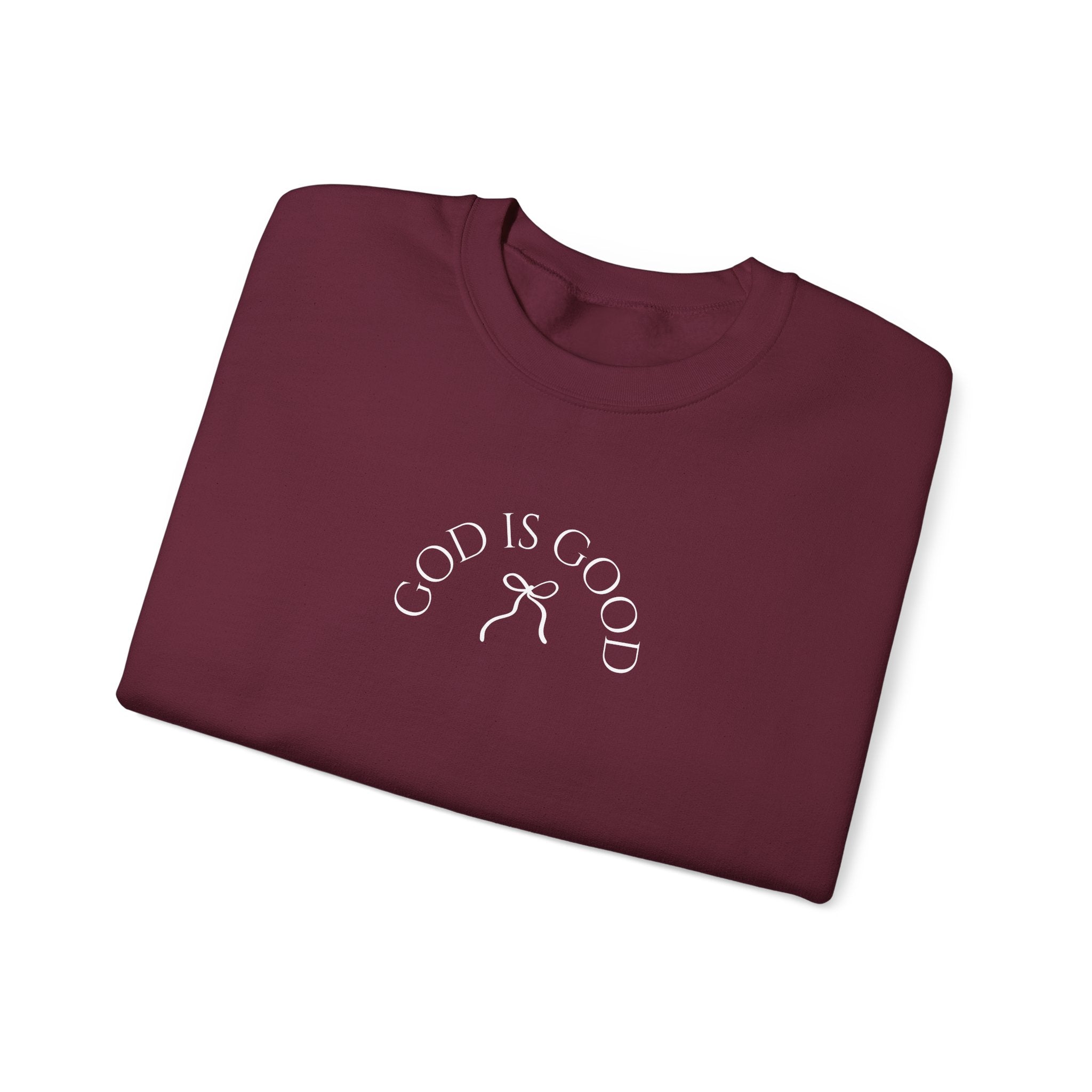 Crewneck Sweatshirt - "God Is Good" Minimal Arch Graphic | Cozy Faith-Based Pullover