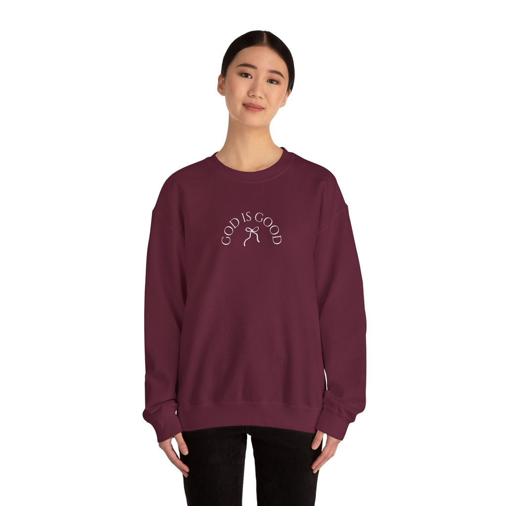 Crewneck Sweatshirt - "God Is Good" Minimal Arch Graphic | Cozy Faith-Based Pullover