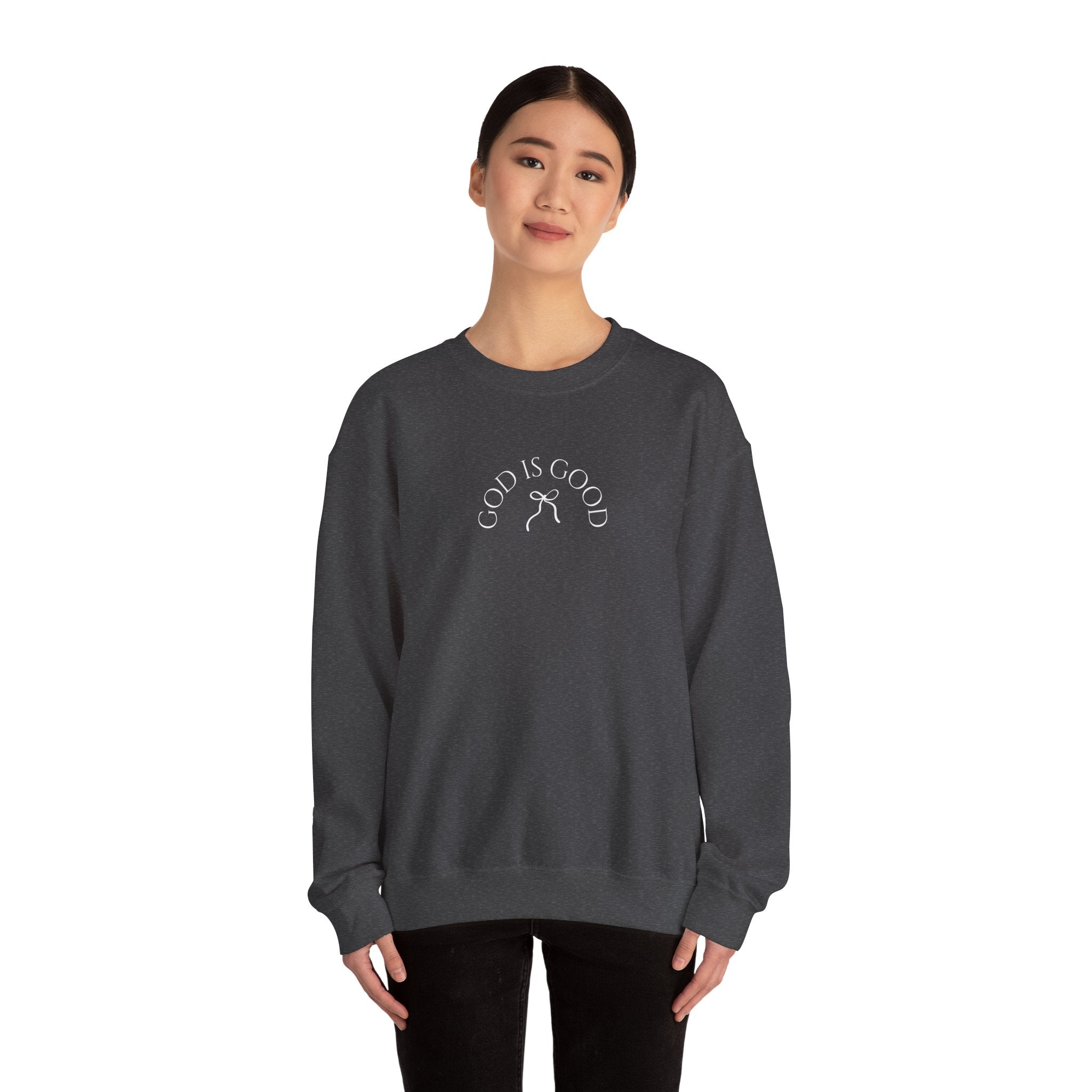 Crewneck Sweatshirt - "God Is Good" Minimal Arch Graphic | Cozy Faith-Based Pullover