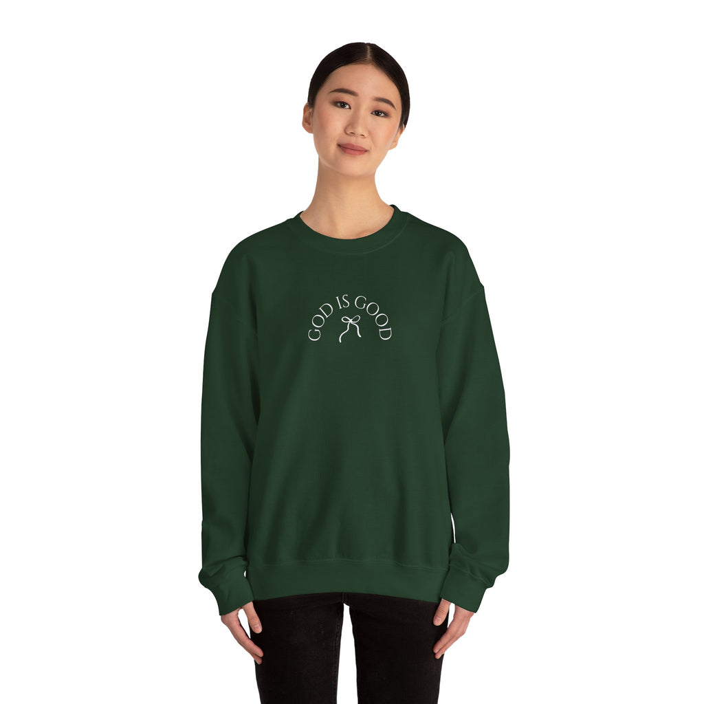 Crewneck Sweatshirt - "God Is Good" Minimal Arch Graphic | Cozy Faith-Based Pullover