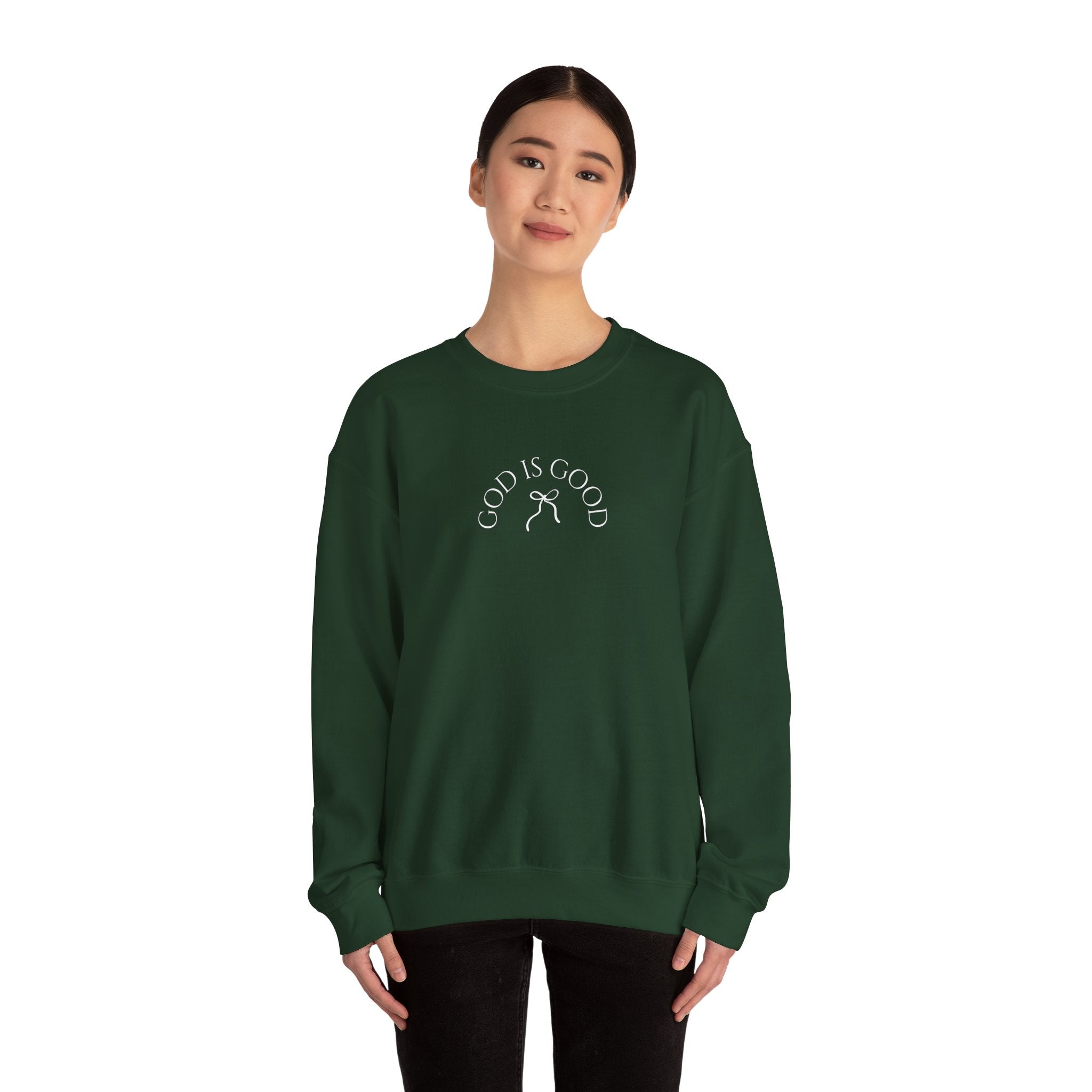 Crewneck Sweatshirt - "God Is Good" Minimal Arch Graphic | Cozy Faith-Based Pullover