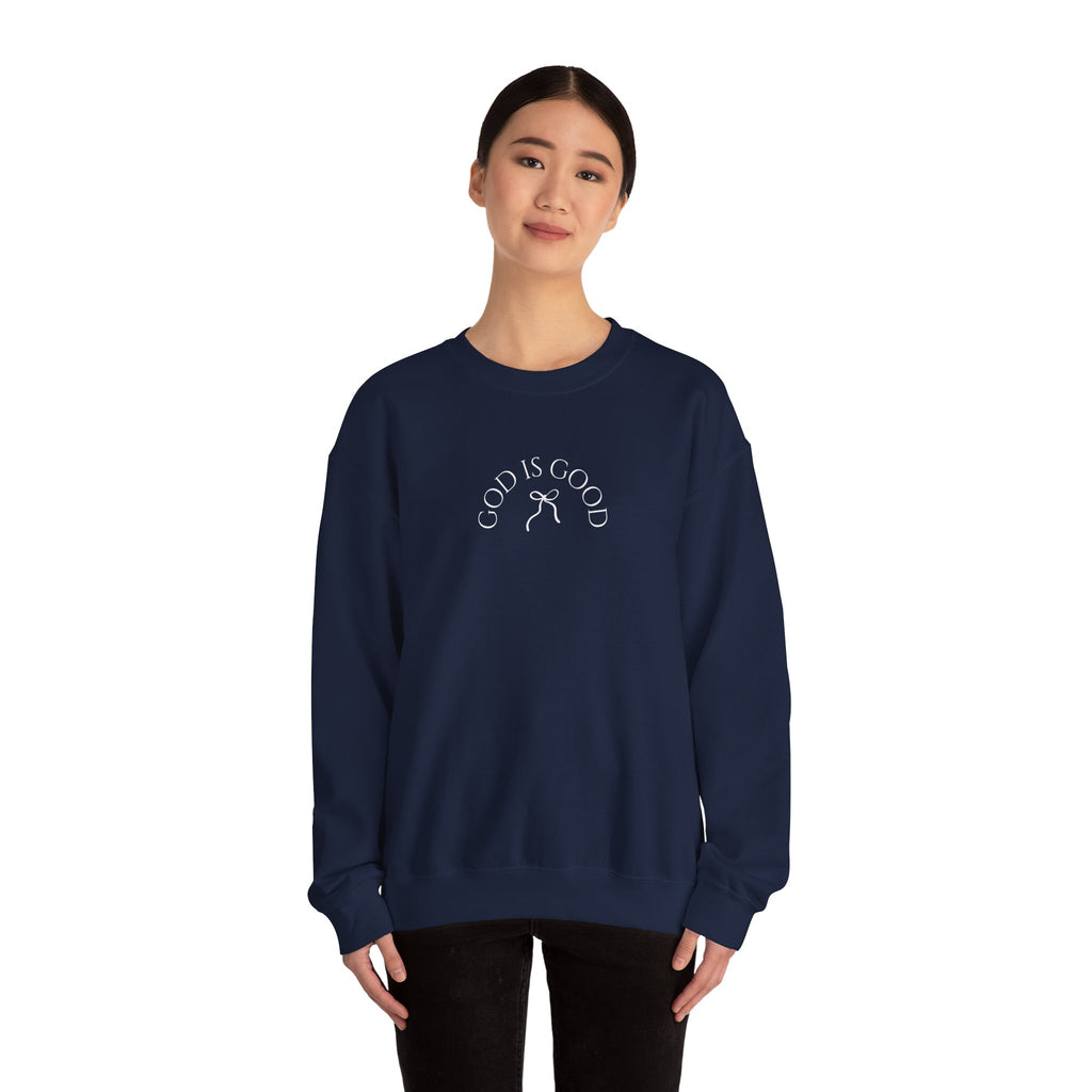 Crewneck Sweatshirt - "God Is Good" Minimal Arch Graphic | Cozy Faith-Based Pullover