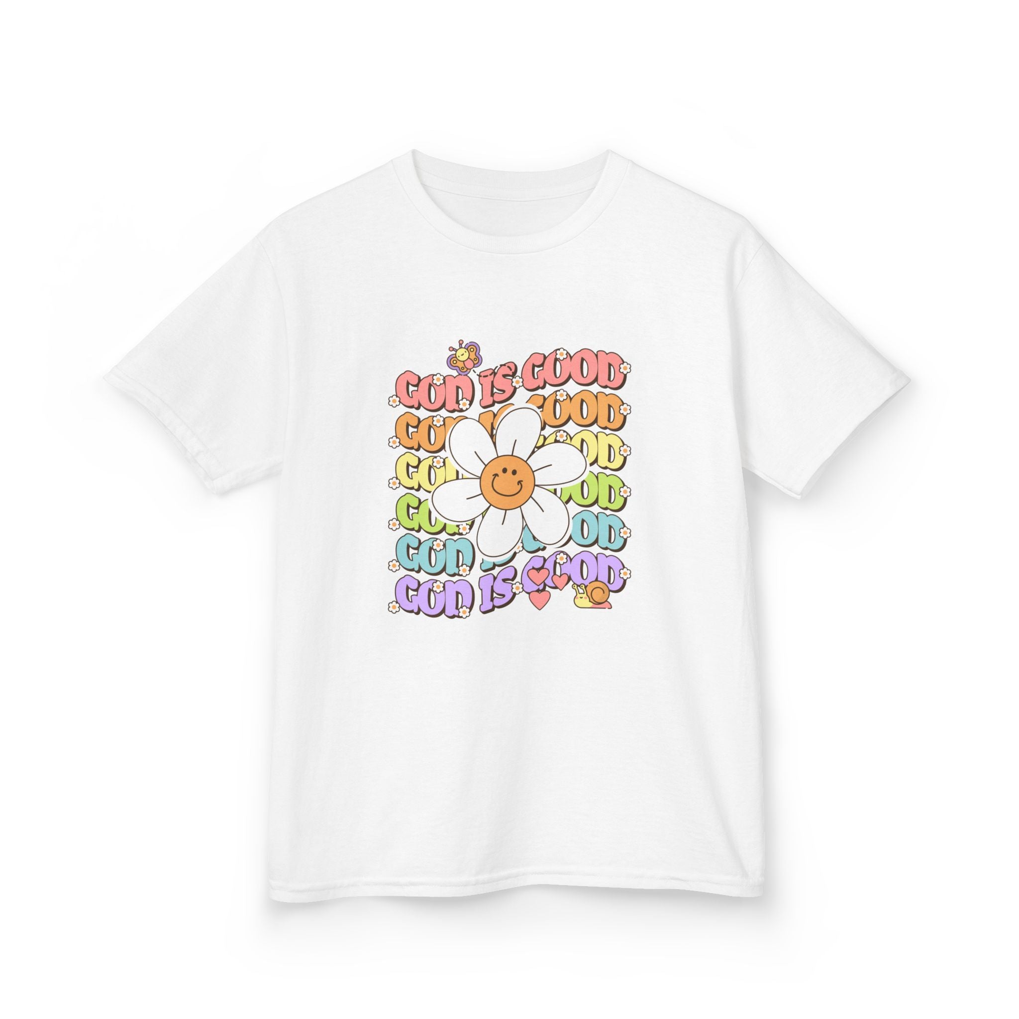 Kids Tee — "Cup Is Good" Smiling Daisy Retro Rainbow Graphic