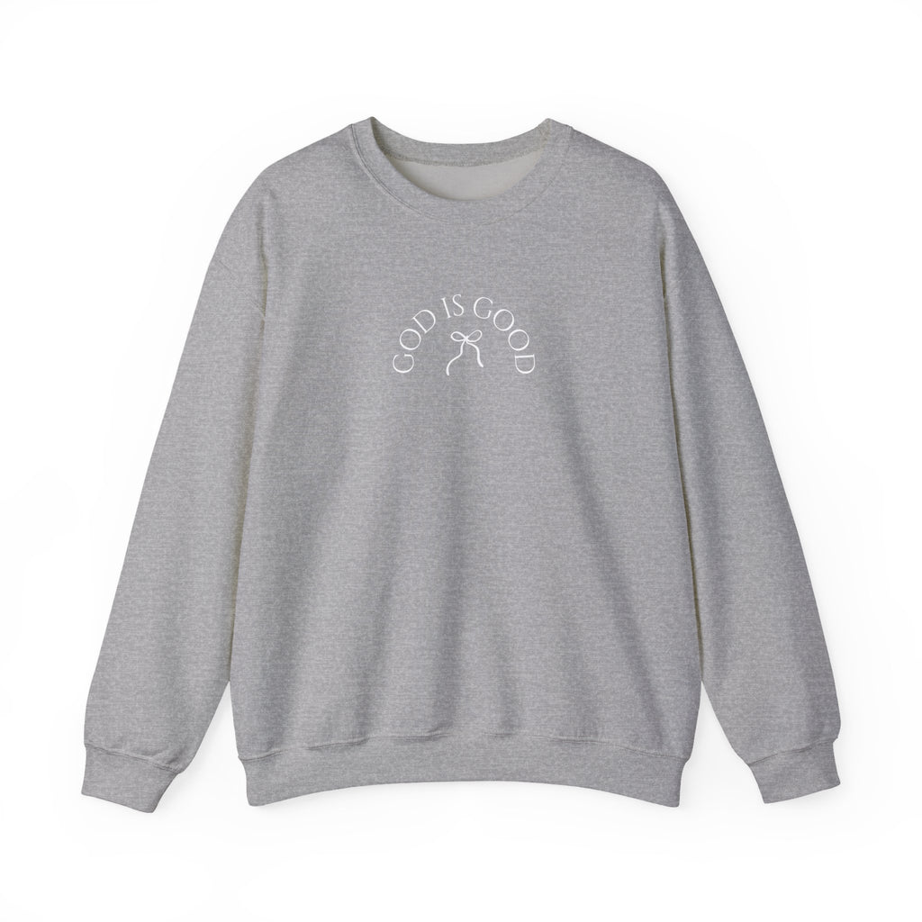 Crewneck Sweatshirt - "God Is Good" Minimal Arch Graphic | Cozy Faith-Based Pullover
