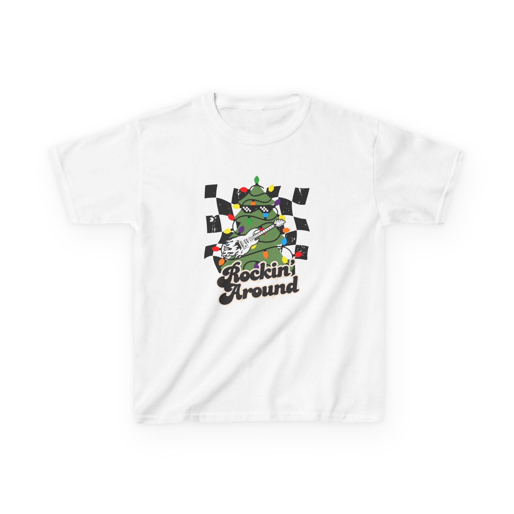 Kids 'Rockin' Around' Christmas Tee — Fun Retro Checkered Graphic Shirt
