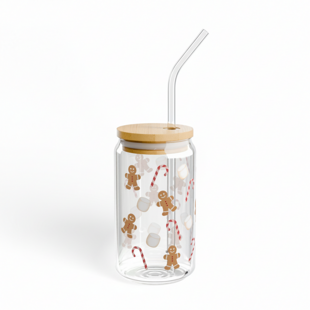 Gingerbread Holiday Glass Cup – 16oz Glass with Bamboo Lid & Straw