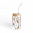 Gingerbread Holiday Glass Cup – 16oz Glass with Bamboo Lid & Straw