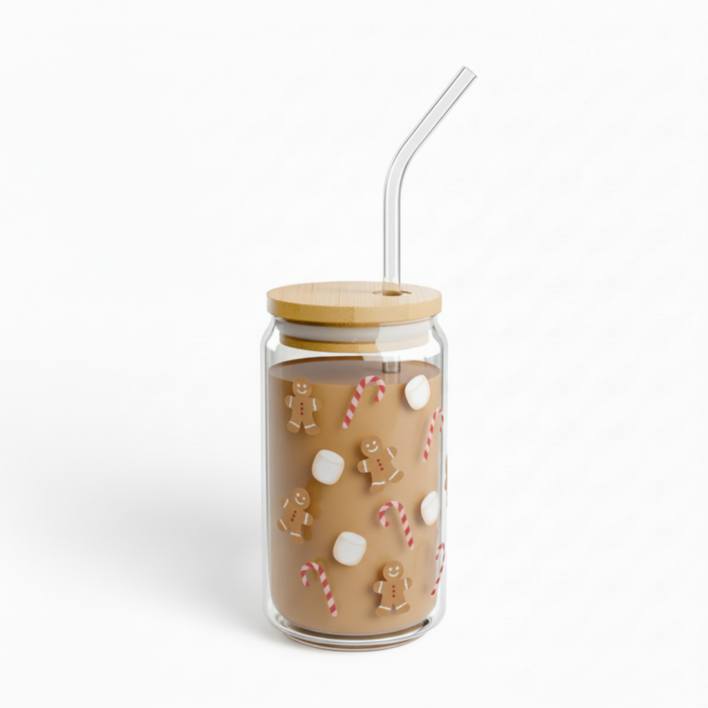 Gingerbread Holiday Glass Cup – 16oz Glass with Bamboo Lid & Straw