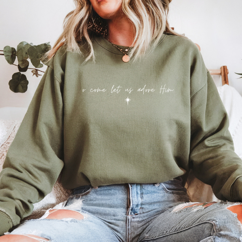 O Come Let Us Adore Him – Minimal Christmas Crewneck Sweatshirt